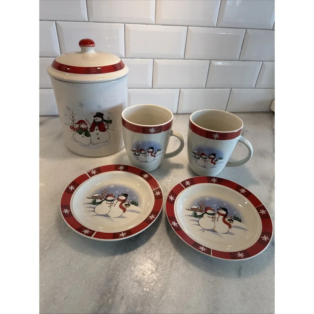 VTG Royal Seasons Holiday Snowmen Stoneware Canister Cookie Jar Snack Set GW0021